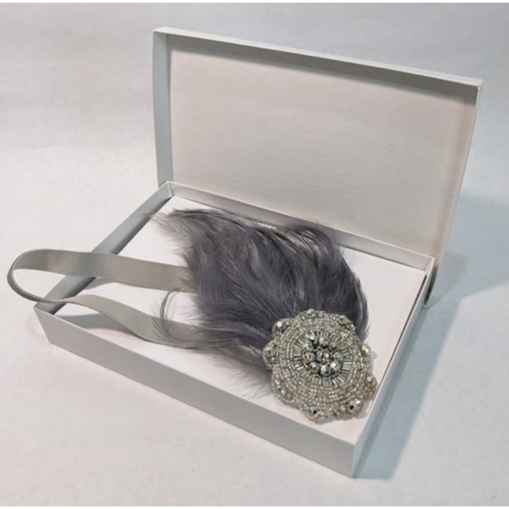 1920's Vintage-Style Feather Jeweled Headband Gray Art Deco Great Gatsby Costume
